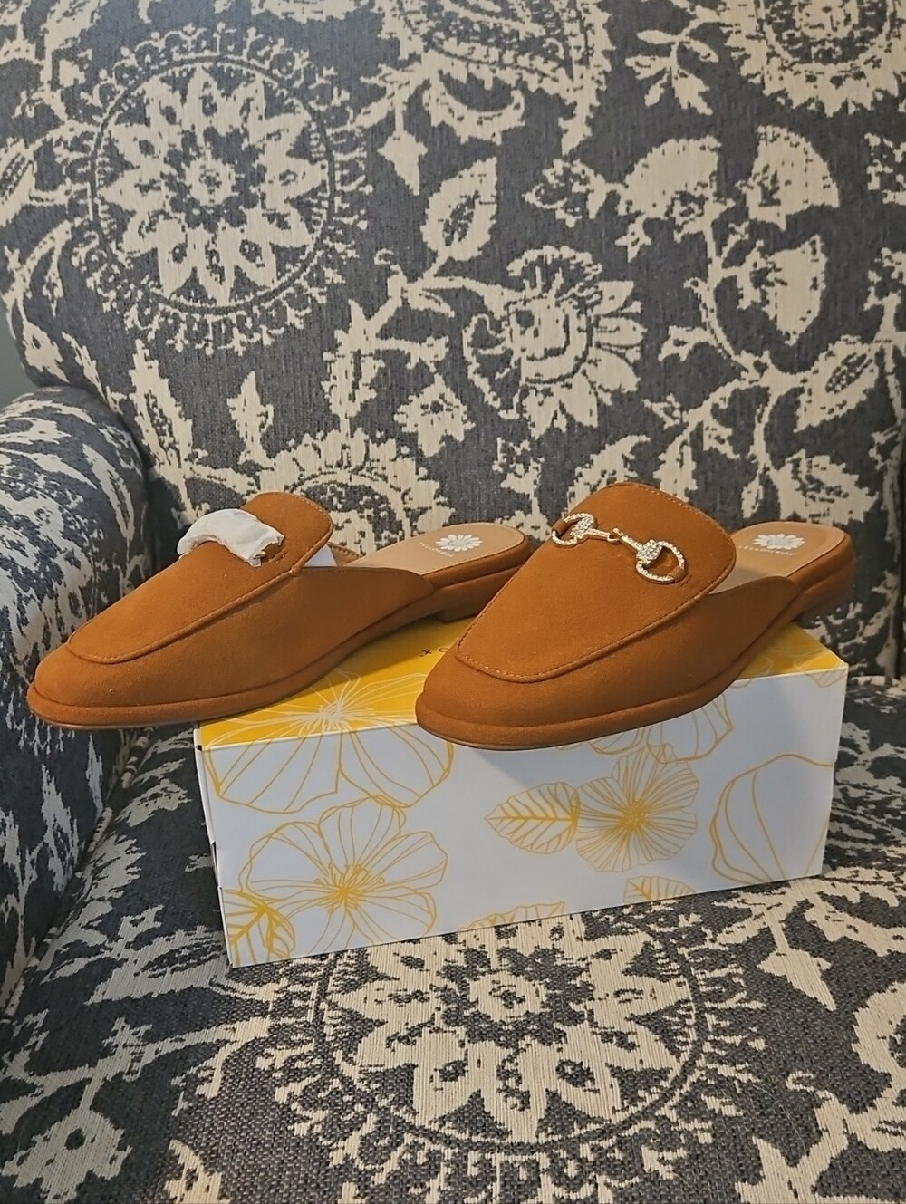 Women’s Tan Slip-On Mule Loafers with Gold Bit Accent